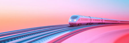A sleek train moves gracefully along smooth tracks, set against a colorful sunset backdrop that highlights modern travel designs.の素材
