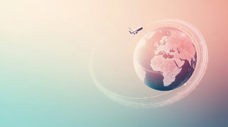 A globe is illustrated with an airplane flying around it, leaving a trail that captures the essence of global travel and exploration.の素材
