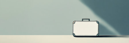 A suitcase with a handle stands on a surface, designed with sharp lines, exuding a modern minimalist aesthetic in a calm environment.の素材