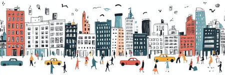 A colorful depiction of an urban landscape filled with hand-drawn buildings, cars, and lively people enjoying their day in the city.の素材