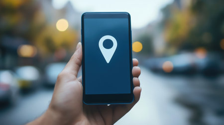 A person uses a smartphone to check their location on a city street as evening sets in, with urban surroundings visible.の素材