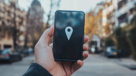 A person uses a smartphone to view a location pin while exploring an urban area under clear blue skies.の素材