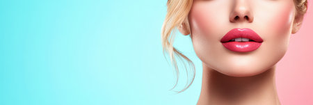 A smiling young woman with luscious lips showcases beauty on a vibrant backdrop, ideal for a cosmetic or beauty advertisement treatment.の素材