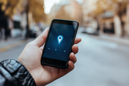 A hand is shown holding a smartphone that features a location pin, indicating a navigational action in a bustling urban area.の素材