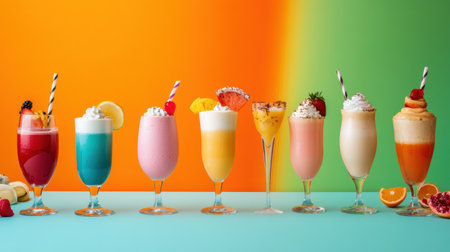 Delicious drinks and milkshakes in tall glasses stand proudly against a vivid, colorful backdrop, perfect for a summer celebration.の素材