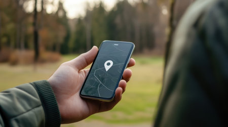 A person uses a smartphone in a park, showing a location pin on the screen while enjoying the outdoors.の素材