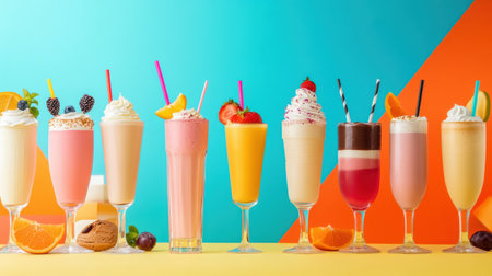 A vibrant display of various drinks and milkshakes in tall glasses, showcasing bright colors and appealing garnishes on a sunny day.の素材