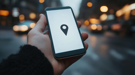 A hand grips a smartphone showing a map with a location pin, illuminated by city lights during twilight.の素材
