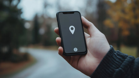 A male hand shows a mobile phone with a location pin highlighted on the screen, reflecting navigation on a serene street.の素材