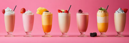 Tall glasses filled with vibrant drinks and creamy milkshakes showcase a delightful display, enhancing any summer celebration.の素材