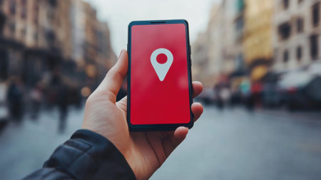A person is navigating through a busy city street using a mobile phone that shows a location pin, indicating their destination.の素材
