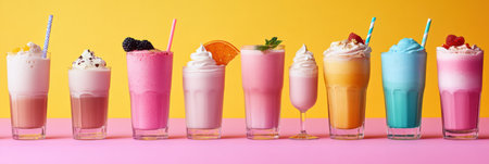 A row of tall glasses filled with creamy milkshakes and refreshing drinks displays an inviting array of colors, garnished with fresh fruit.の素材