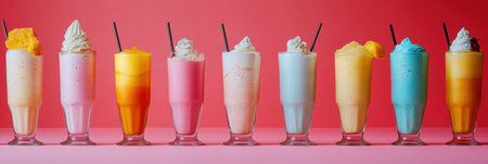 Tall glasses filled with various delicious milkshakes and drinks are arranged in a lively, colorful setting, creating an inviting atmosphere.の素材