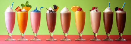 A vibrant features display tall glasses filled with an assortment of drinks and milkshakes, each topped with garnishes and whipped cream.の素材