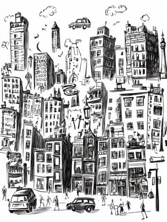 Hand-drawn urban doodles depict vibrant city life with lively street activity, buildings, cars, and diverse people interacting.の素材