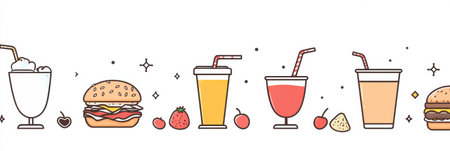 Colorful drinks and burgers are stylishly arranged against a minimalist backdrop, inviting a casual and fun dining experience.の素材