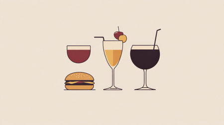 A vibrant assortment of beverages and a burger set against a simple background, perfect for summer meals or outdoor dining moments.の素材