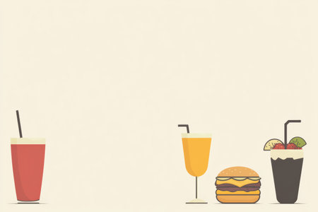 A casual summer gathering showcases refreshing drinks and mouth-watering burgers on a minimalist backdrop, inviting a sense of relaxation.の素材
