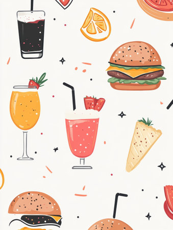 This vibrant layout features refreshing drinks and tasty burgers, perfect for a casual meal with friends or family at any time.の素材