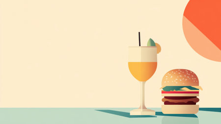 A fresh drink and a gourmet burger sit together on a simple table, creating a delightful culinary moment in a vibrant atmosphere.の素材