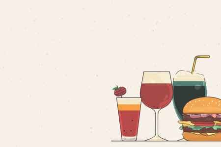 A collection of colorful drinks and a delicious burger wait against a simple background, inviting you to enjoy a casual meal.の素材