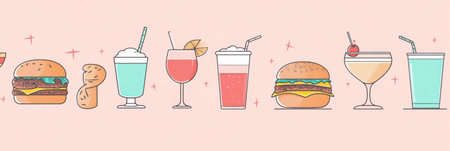 Colorful burgers paired with various drinks create an inviting atmosphere perfect for casual dining and social gatherings.の素材