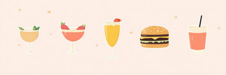 Colorful cocktails and a burger displayed in a simple setup, creating a vibrant atmosphere for a light meal or gathering.の素材