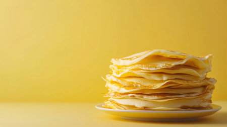 A delightful stack of freshly made golden crepes sits on a plate, showing a tempting breakfast option against a bright yellow backdrop.の素材