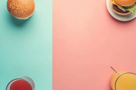 Enjoy a delightful spread showcasing refreshing beverages and tasty burgers set against a stylish, minimalist backdrop.の素材