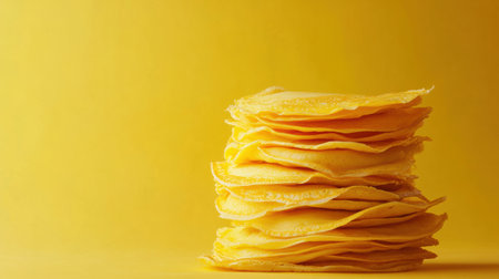 A tall stack of freshly made golden crepes rests against a vibrant yellow background, ideal for brunch or dessert occasions.の素材