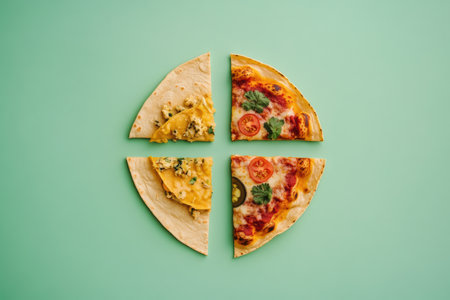 A delightful display of tasty tacos and pizza is arranged in geometric order, creating an appealing sight for food lovers during lunchtime.の素材
