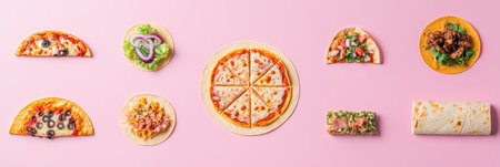A colorful display of delicious street food items, featuring well-arranged tacos and pizza, creating an appealing layout for food lovers.の素材