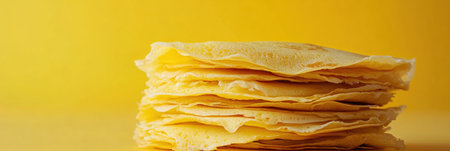 Freshly made golden crepes are stacked high, inviting a variety of delicious toppings in a bright, cheerful kitchen atmosphere.の素材