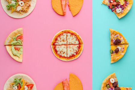 An assortment of tacos and pizza slices arranged in a geometric pattern, showing a vibrant mix of colors and textures for food lovers.の素材
