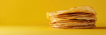 A stack of golden crepes is elegantly arranged against a bright yellow background, perfect for a delicious breakfast or dessert.の素材