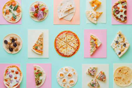 A colorful array of tacos and pizza slices is neatly organized in geometric patterns, showing popular street food options.の素材