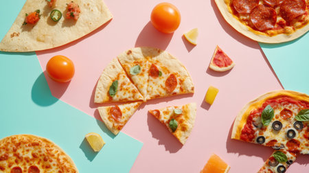 Tacos and pizza are artistically arranged in geometric patterns, showcasing an inviting street food feast with bright colors.の素材