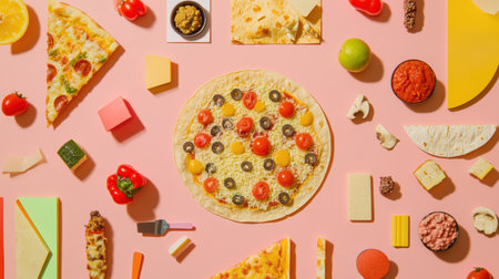 An assortment of tacos and pizza is beautifully arranged in geometric order on a bright surface, showing diverse toppings and ingredients.の素材