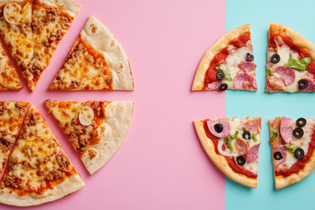 A variety of tacos and pizza slices are artistically displayed in geometric patterns at a bustling street food event in summer.の素材