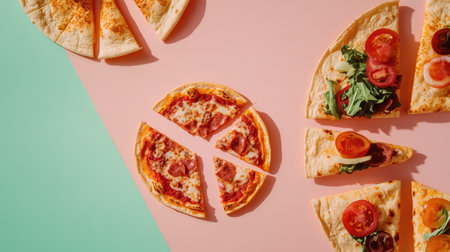 A delightful array of taco and pizza slices is artfully arranged in geometric patterns at a bustling outdoor food market.の素材