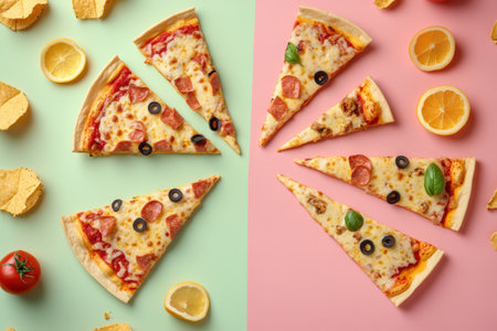 A variety of tacos and pizza slices are neatly arranged in geometric patterns at a lively street food festival, highlighting delicious options.の素材