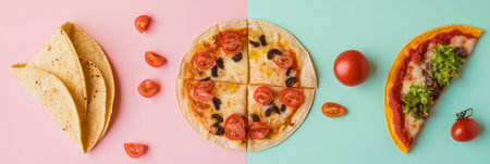 Tacos and pizza are artistically arranged with fresh ingredients, showing the colorful appeal of street food in an enticing layout.の素材