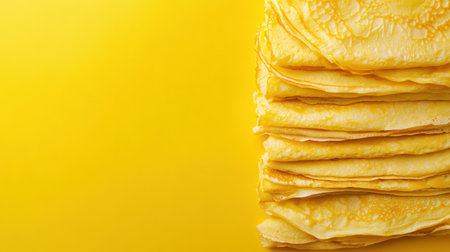 A neatly arranged stack of golden crepes sits on a vibrant yellow backdrop, creating an inviting atmosphere for culinary delights.の素材