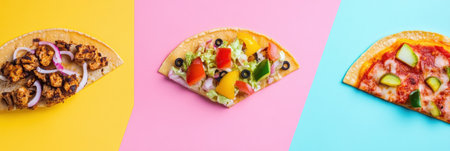 Tacos and pizza are creatively displayed in geometric patterns at a lively food market, showing a variety of toppings and colors.の素材