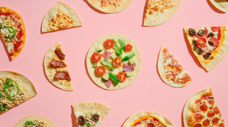 Delicious street food items including assorted tacos and pizzas artfully displayed in geometric order on a bright pink backdrop.の素材