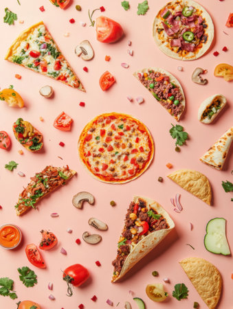 A delightful spread featuring various tacos and pizza, thoughtfully organized in geometric patterns against a playful pink backdrop.の素材