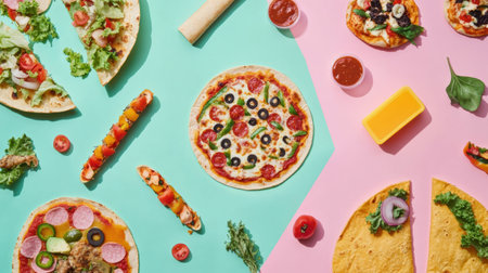Various street food items like tacos and pizzas are arranged in a geometric layout on bright teal and pink surfaces, creating a lively display.の素材