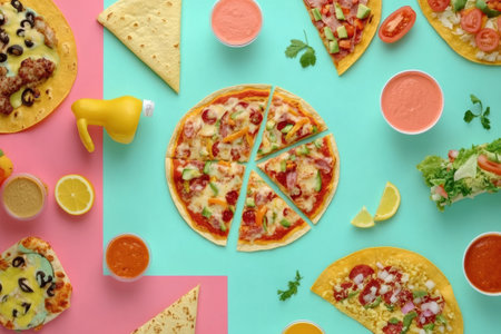 Delicious tacos and pizza are artistically arranged in geometric patterns on a bright, colorful surface, inviting appetites.の素材