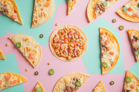 Colorful tacos and pizza slices are creatively arranged in geometric patterns on pastel backgrounds during a bustling street food gathering.の素材