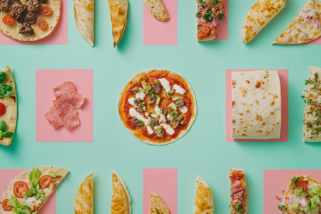 A vibrant display of street food featuring tacos and pizza arranged neatly, highlighting their colorful ingredients and delicious appeal.の素材